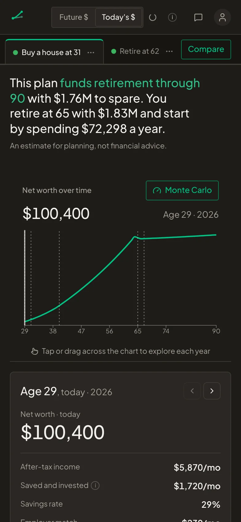 The planner on a phone: the verdict for Maya's plan, the net worth chart, and the year card for age 29