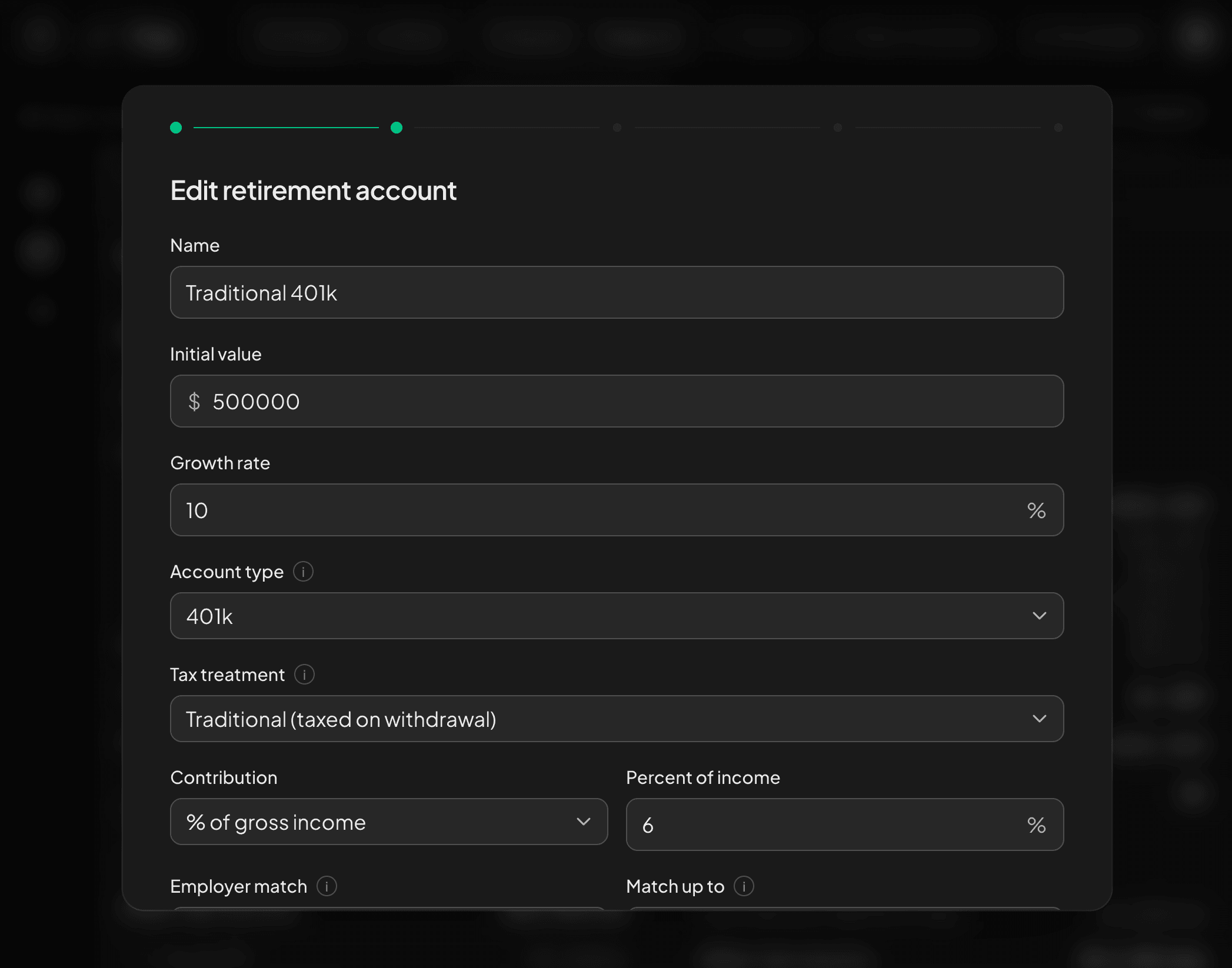 the Edit retirement account form: a Traditional 401k, $500k balance, 10% growth, contributing 6% of gross income, with the tax treatment set to traditional