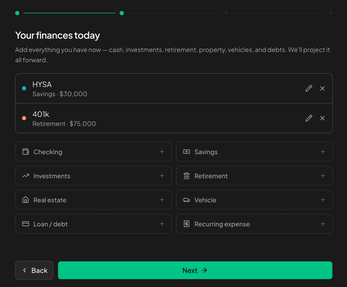 ifso setup wizard on the assets step, with a savings account and a 401k already added